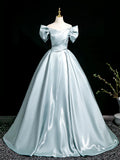 Niulatu V Neck Satin Blue Long Prom Dress, Blue Long Formal Dress HZ1103