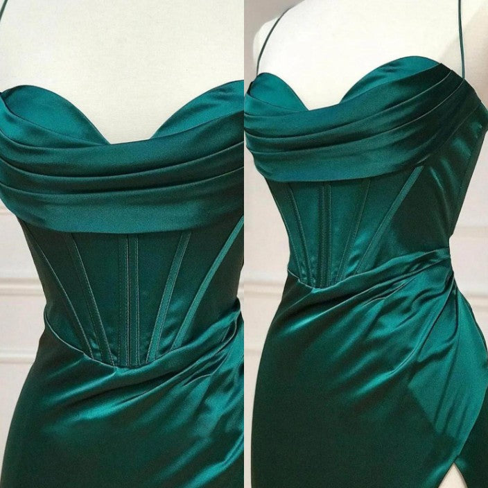 Niulatu Green Mermaid Satin Spaghetti Straps Long Prom Dress With Split HZ1103