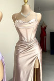 Niulatu Green Mermaid Satin Spaghetti Straps Long Prom Dress With Split HZ1103