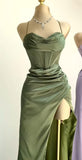 Niulatu Green Mermaid Satin Spaghetti Straps Long Prom Dress With Split HZ1103