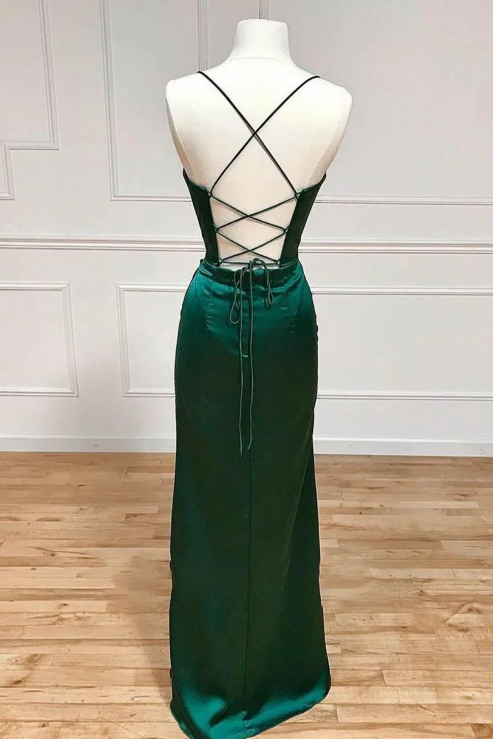 Niulatu Green Mermaid Satin Spaghetti Straps Long Prom Dress With Split HZ1103