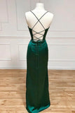Niulatu Green Mermaid Satin Spaghetti Straps Long Prom Dress With Split HZ1103