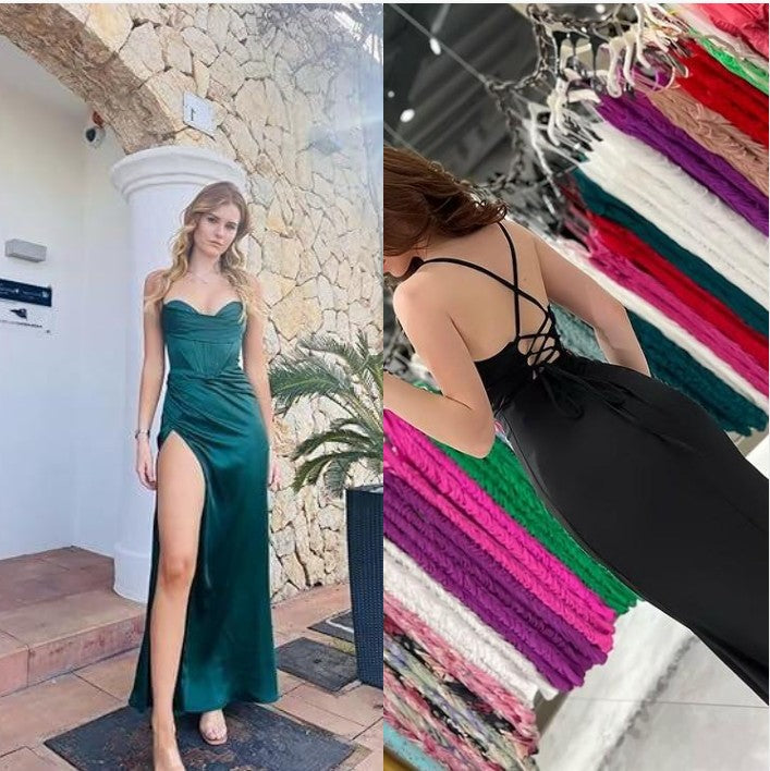 Niulatu Green Mermaid Satin Spaghetti Straps Long Prom Dress With Split HZ1103