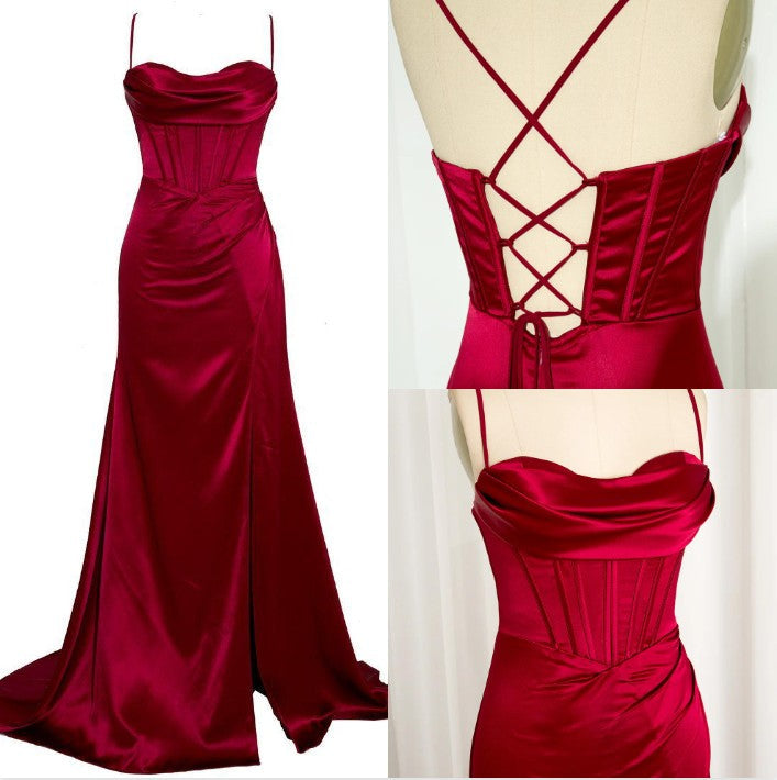 Niulatu Green Mermaid Satin Spaghetti Straps Long Prom Dress With Split HZ1103