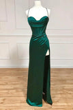 Niulatu Green Mermaid Satin Spaghetti Straps Long Prom Dress With Split HZ1103