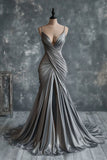 Niulatu V Neck Silver Spaghetti Straps Satin Long Prom Dress Sexy Evening Dress HZ1103
