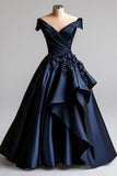 Niulatu Navy A-Line V Neck Satin Long Prom Dress Simple Applique Evening Dress HZ1103