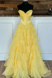 Niulatu Yellow A-Line Sweetheart Long Tiered Prom Dress with Slit HZ1103