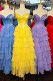 Niulatu Yellow A-Line Sweetheart Long Tiered Prom Dress with Slit HZ1103