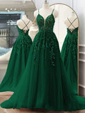 Niulatu Green A-Line Tulle Lace Long Prom Dress V Neck Lace Formal Evening Dress HZ1103
