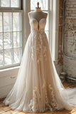 Niulatu White A-Line Sweetheart Neck Tulle Beaded Long Prom Dress Simple Applique Wedding Dress HZ1103