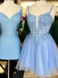 Niulatu Blue Spaghetti Strap Tulle Beaded Short Prom Dress, Cute Applique Homecoming Dress HZ1103