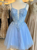 Niulatu Blue Spaghetti Strap Tulle Beaded Short Prom Dress, Cute Applique Homecoming Dress HZ1103