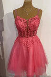 Niulatu Blue Spaghetti Strap Tulle Beaded Short Prom Dress, Cute Applique Homecoming Dress HZ1103