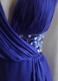 Niulatu Blue A-Line Halter Chiffon Satin Long Prom Dress V-neck Beaded Birthday Party Dress HZ1103