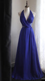 Niulatu Blue A-Line Halter Chiffon Satin Long Prom Dress V-neck Beaded Birthday Party Dress HZ1103