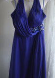 Niulatu Blue A-Line Halter Chiffon Satin Long Prom Dress V-neck Beaded Birthday Party Dress HZ1103