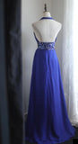 Niulatu Blue A-Line Halter Chiffon Satin Long Prom Dress V-neck Beaded Birthday Party Dress HZ1103