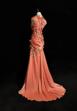 Niulatu Orange Mermaid V-Neck Satin Beaded Long Prom Dress Sequined Evening Gown HZ1103