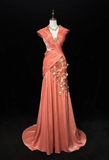 Niulatu Orange Mermaid V-Neck Satin Beaded Long Prom Dress Sequined Evening Gown HZ1103