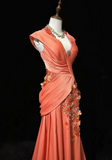 Niulatu Orange Mermaid V-Neck Satin Beaded Long Prom Dress Sequined Evening Gown HZ1103