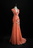 Niulatu Orange Mermaid V-Neck Satin Beaded Long Prom Dress Sequined Evening Gown HZ1103