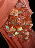 Niulatu Orange Mermaid V-Neck Satin Beaded Long Prom Dress Sequined Evening Gown HZ1103