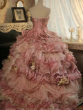 Niulatu Pink Strapless Satin Tulle Sequin Beaded Diamond Long Ball Gown HZ1103