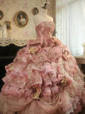 Niulatu Pink Strapless Satin Tulle Sequin Beaded Diamond Long Ball Gown HZ1103