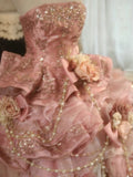Niulatu Pink Strapless Satin Tulle Sequin Beaded Diamond Long Ball Gown HZ1103