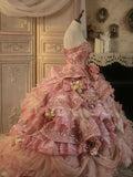 Niulatu Pink Strapless Satin Tulle Sequin Beaded Diamond Long Ball Gown HZ1103