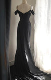 Niulatu Black Mermaid Spaghetti Strap Satin Diamond Long Prom Dress Simple Evening Dress HZ1103