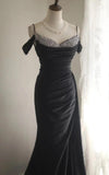 Niulatu Black Mermaid Spaghetti Strap Satin Diamond Long Prom Dress Simple Evening Dress HZ1103
