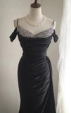 Niulatu Black Mermaid Spaghetti Strap Satin Diamond Long Prom Dress Simple Evening Dress HZ1103