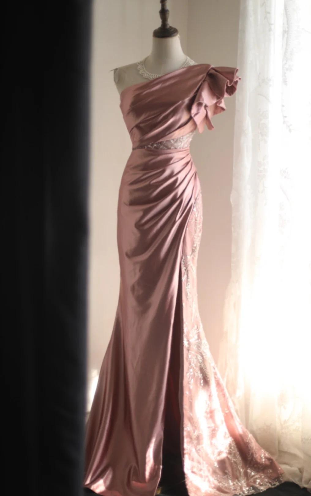 Niulatu Mermaid One Shoulder Satin Beaded Sequin Long Prom Dress Bridalmaid Dress HZ1103