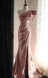 Niulatu Mermaid One Shoulder Satin Beaded Sequin Long Prom Dress Bridalmaid Dress HZ1103