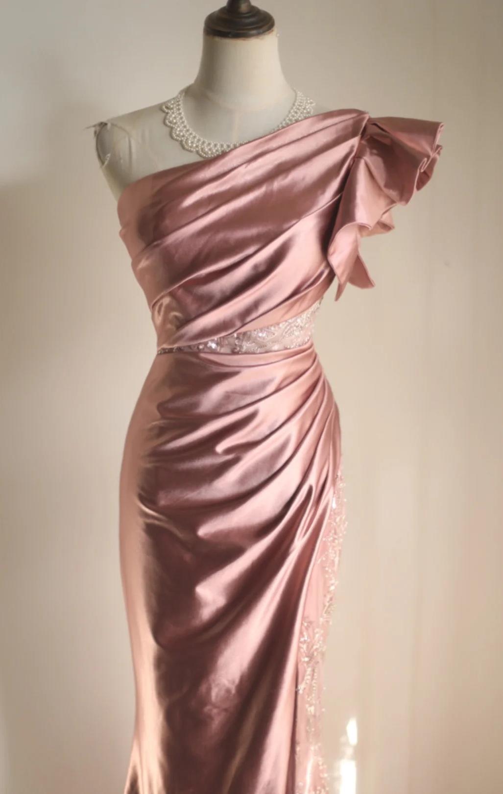 Niulatu Mermaid One Shoulder Satin Beaded Sequin Long Prom Dress Bridalmaid Dress HZ1103