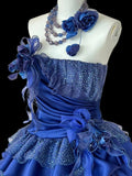 Niulatu A-Line Strapless Satin Tulle Long Ball Dress Klein Blue 3D Applique Evening Dress HZ1103