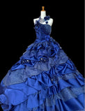 Niulatu A-Line Strapless Satin Tulle Long Ball Dress Klein Blue 3D Applique Evening Dress HZ1103