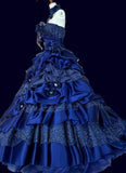 Niulatu A-Line Strapless Satin Tulle Long Ball Dress Klein Blue 3D Applique Evening Dress HZ1103