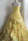 Niulatu Yellow A-Line Strapless Organza Wedding Dress with Appliques and Rhinestones Long Evening Gown HZ1103