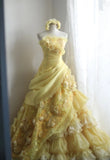 Niulatu Yellow A-Line Strapless Organza Wedding Dress with Appliques and Rhinestones Long Evening Gown HZ1103
