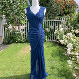 Niulatu Midnight Blue Mermaid Gown ??V Neck Pretty Prom Dress for Events&Party HZ1103