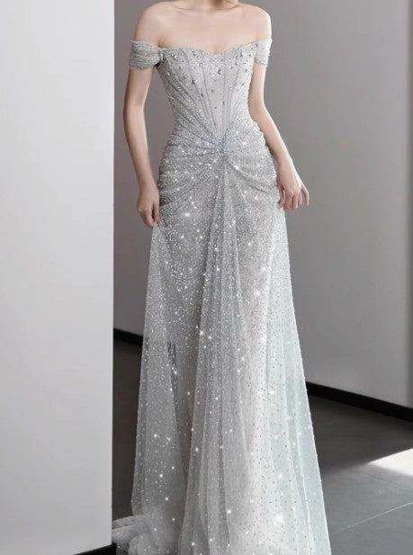 Niulatu Gown?? Off The Shoulder Tulle Sequins Long Prom Dress for Formal Events &Quinceanera HZ1026