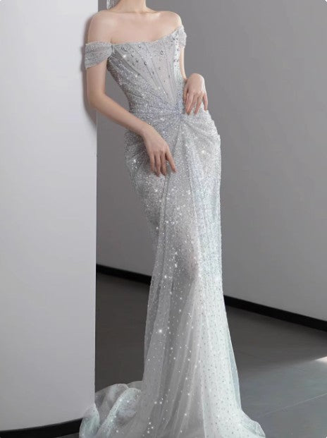 Niulatu Gown?? Off The Shoulder Tulle Sequins Long Prom Dress for Formal Events &Quinceanera HZ1026