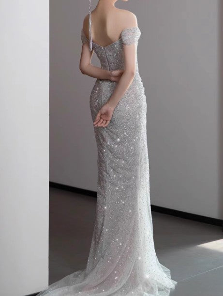 Niulatu Gown?? Off The Shoulder Tulle Sequins Long Prom Dress for Formal Events &Quinceanera HZ1026