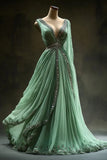 Niulatu A-Line V Neckline Green Tulle Long Prom Dress Sweet Beaded Evening Dress HZ1103