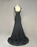 Niulatu Black Mermaid Satin Beaded Sequin Long Prom Dress, Sweetheart Neck Evening Dress HZ1103