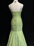 Niulatu Green Mermaid Spaghetti Strap Satin Beaded Sequin Long Prom Dress Sweetheart Neck Evening Dress HZ1103