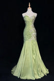 Niulatu Green Mermaid Spaghetti Strap Satin Beaded Sequin Long Prom Dress Sweetheart Neck Evening Dress HZ1103